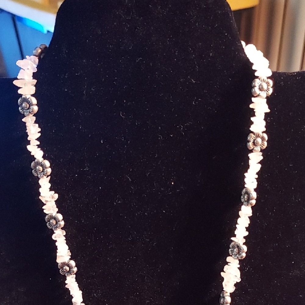 Handcrafted Rose Quartz Chip Necklace with Sterling Silver Flower Accents